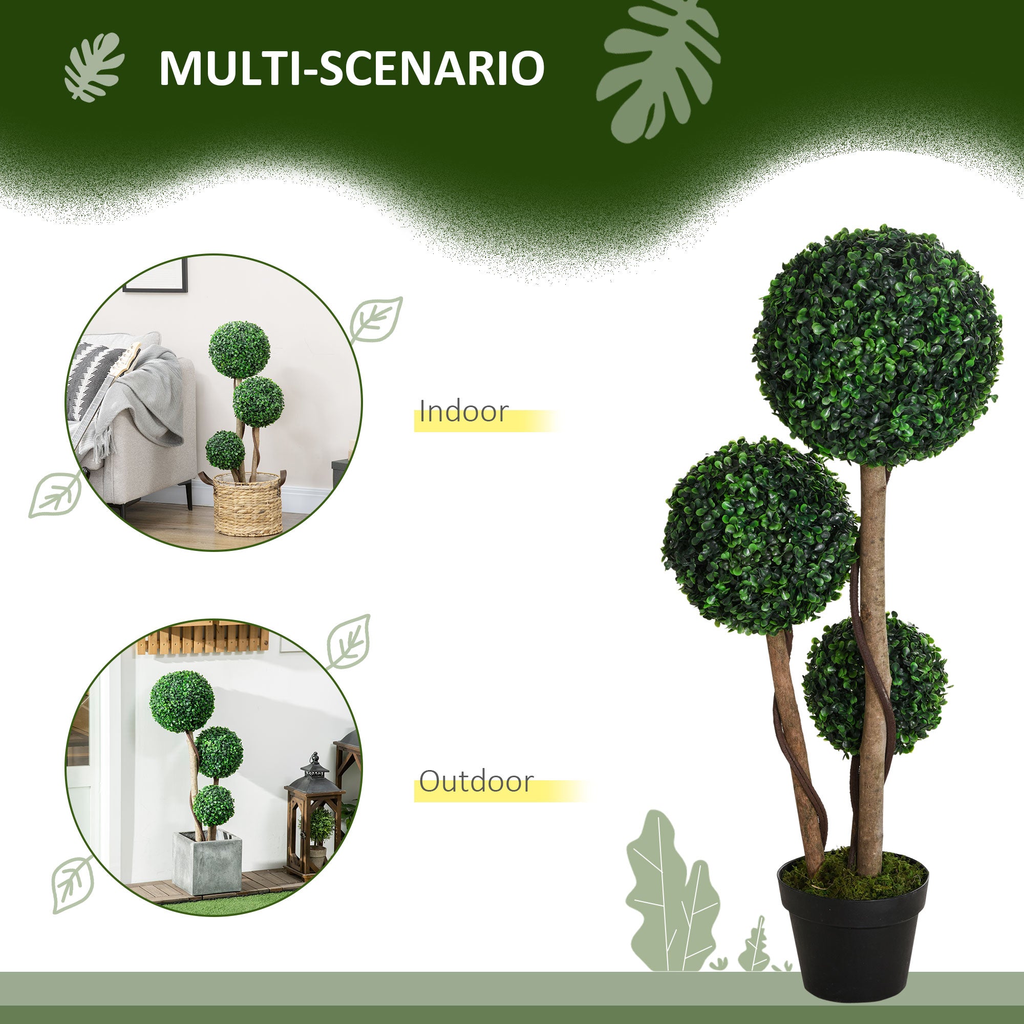 Artificial Plant for Home Decor Indoor & Outdoor Fake Plants Artificial Tree in Pot, 3 Ball Boxwood Topiary Tree for Home Office, Living Room Decor, Dark Green