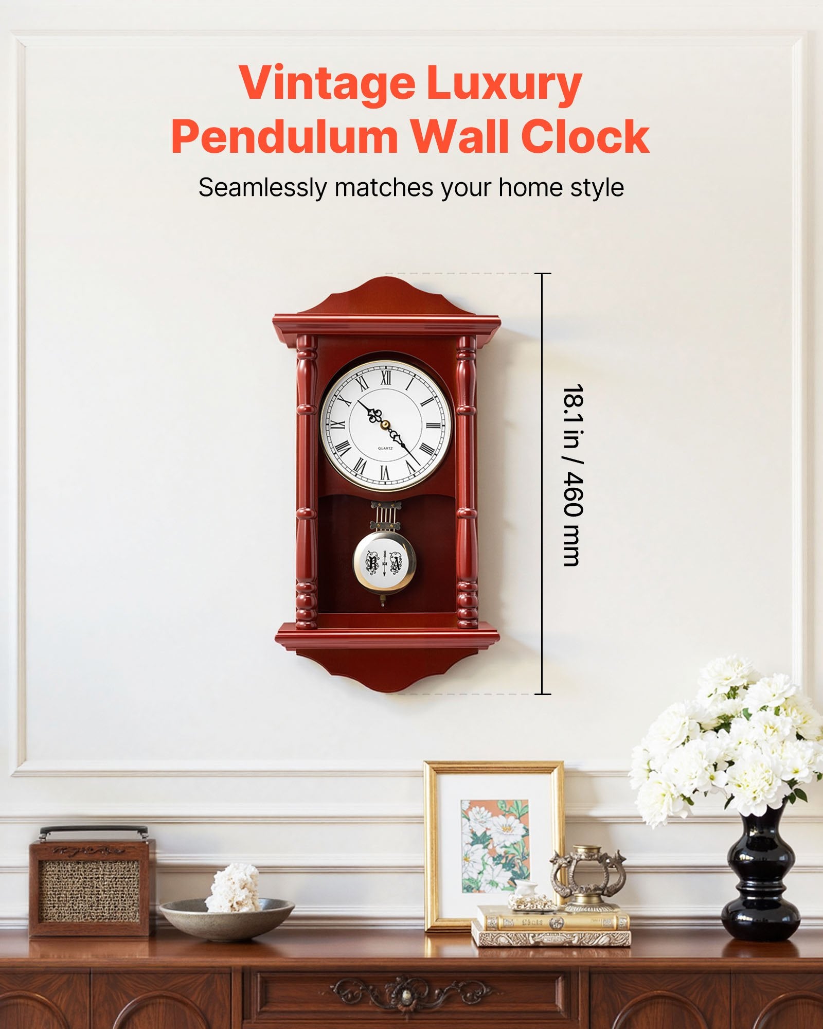 Grandfather Clock, 18 In Classic Vintage Pendulum Clock, Pine Wood & MDF Wall Clocks With Quartz Movement And Quiet Design, For Living Room, Bedroom, Home Decor, And Gift (Cherry Tone Finish)