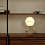 13.5 H Glass Globe Matte Gold Spiral 4 Ring Metal Stand Table Lamp For Living Room, Nightstand Bedside Table Lamp For Bedroom, LED Lamp
