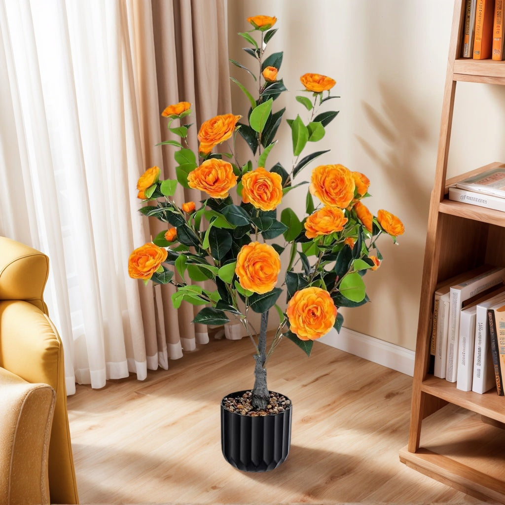 Artificial Camellia Tree 2 Pack, 36Faux Camellia Plant In Pot With Orange Flowers, Greenery Potted Plant For Indoor Outdoor Office Home Porch Decor, Orange