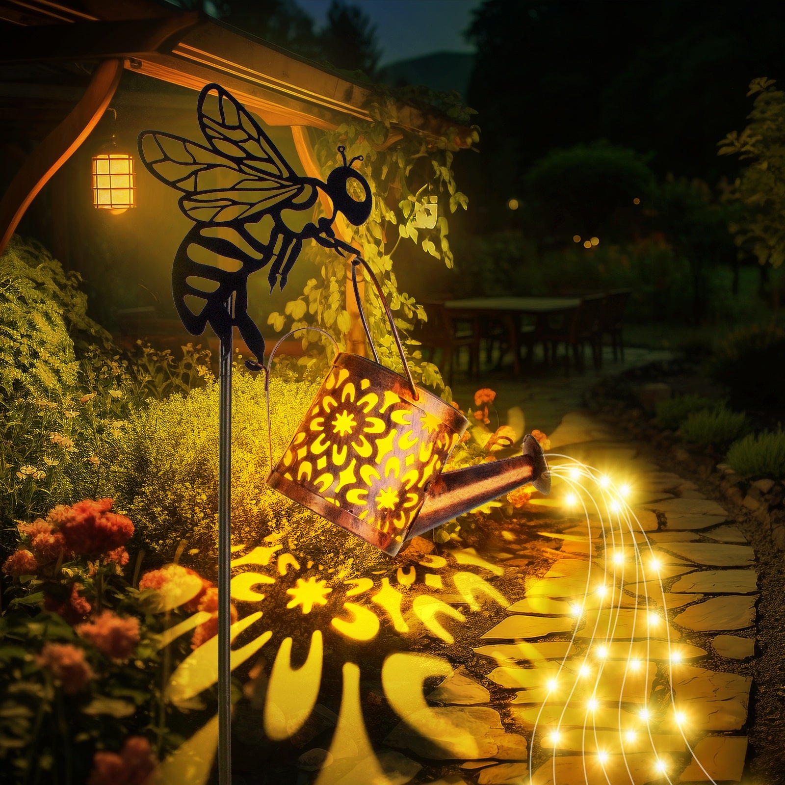 Solar Garden Lights Outdoor Decoration,Flower-shaped Lights Metal Solar Watering Can Lights Outdoor Waterproof, Small Patio Light Yard Lawn Pathway Decor, Gardening Gifts Solar Lantern Out