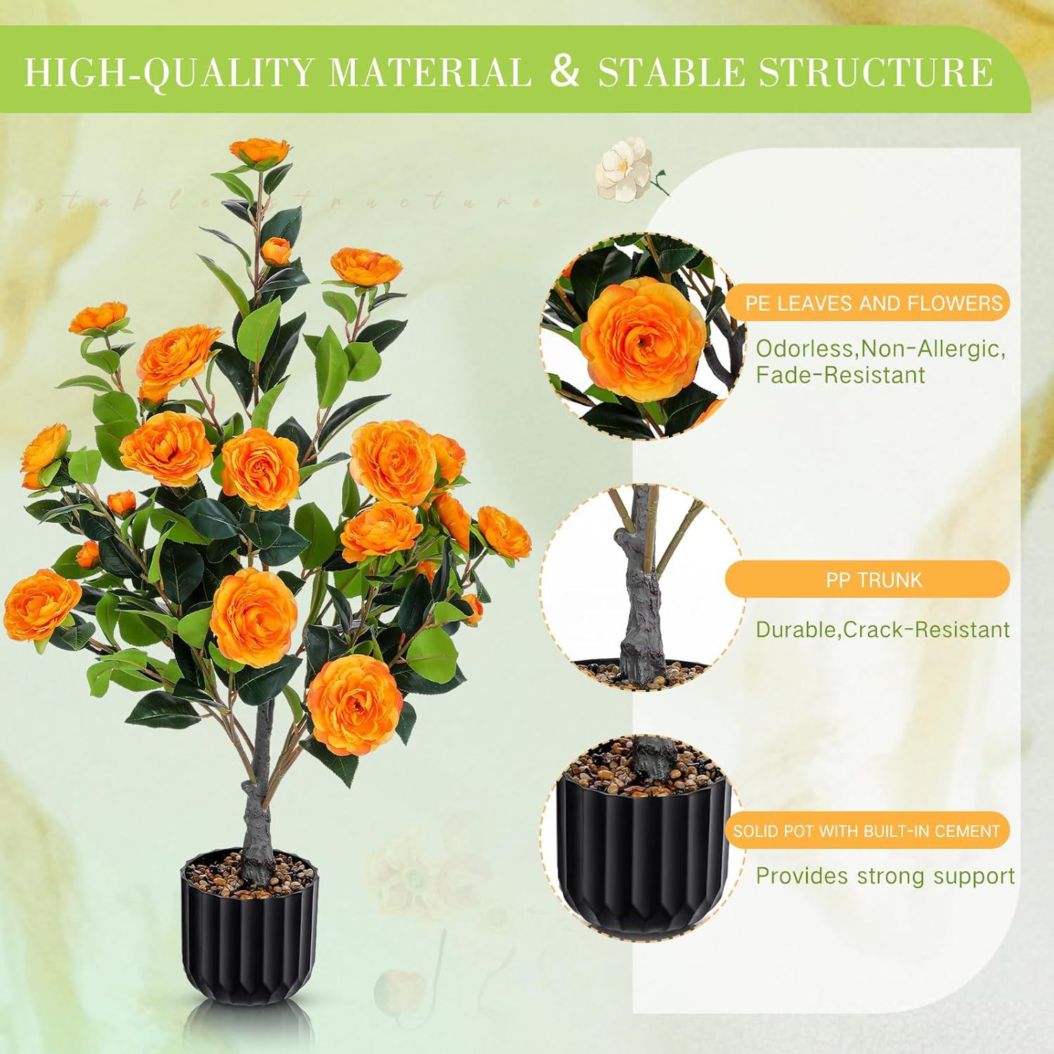 Artificial Camellia Tree 2 Pack, 36Faux Camellia Plant In Pot With Orange Flowers, Greenery Potted Plant For Indoor Outdoor Office Home Porch Decor, Orange