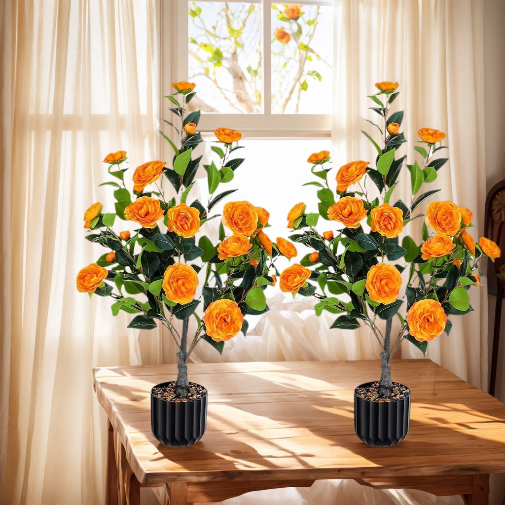 Artificial Camellia Tree 2 Pack, 36Faux Camellia Plant In Pot With Orange Flowers, Greenery Potted Plant For Indoor Outdoor Office Home Porch Decor, Orange