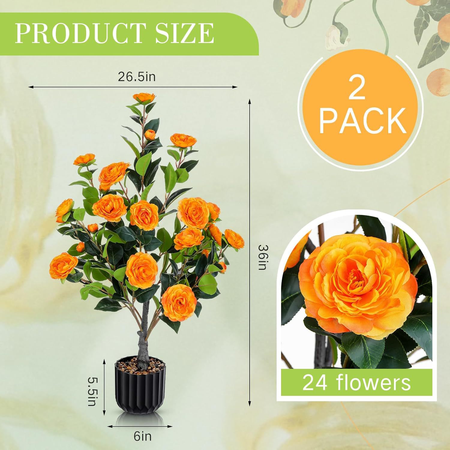 Artificial Camellia Tree 2 Pack, 36Faux Camellia Plant In Pot With Orange Flowers, Greenery Potted Plant For Indoor Outdoor Office Home Porch Decor, Orange