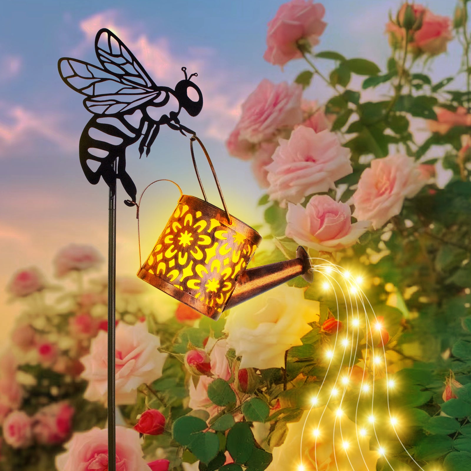 Solar Garden Lights Outdoor Decoration,Flower-shaped Lights Metal Solar Watering Can Lights Outdoor Waterproof, Small Patio Light Yard Lawn Pathway Decor, Gardening Gifts Solar Lantern Out