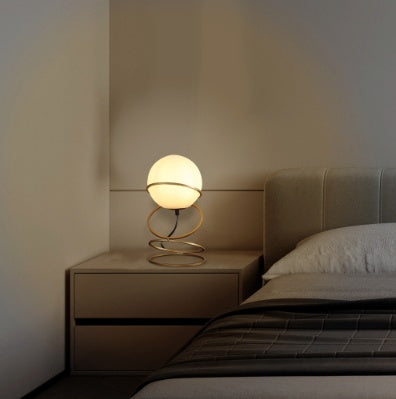 13.5 H Glass Globe Matte Gold Spiral 4 Ring Metal Stand Table Lamp For Living Room, Nightstand Bedside Table Lamp For Bedroom, LED Lamp