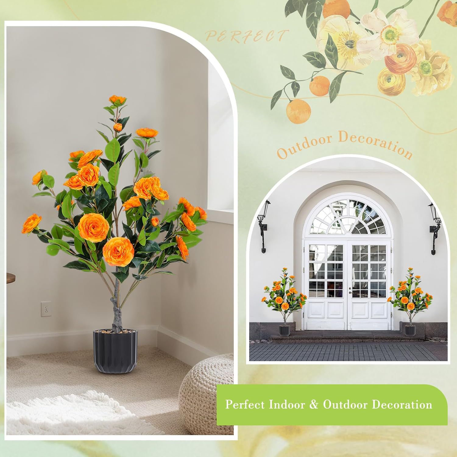 Artificial Camellia Tree 2 Pack, 36Faux Camellia Plant In Pot With Orange Flowers, Greenery Potted Plant For Indoor Outdoor Office Home Porch Decor, Orange